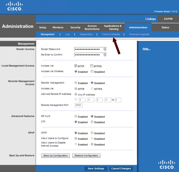 Linksys EA2700 Factory Defaults Option