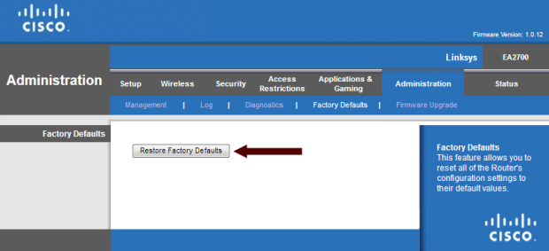 Linksys EA2700 Restore Factory Defaults Button